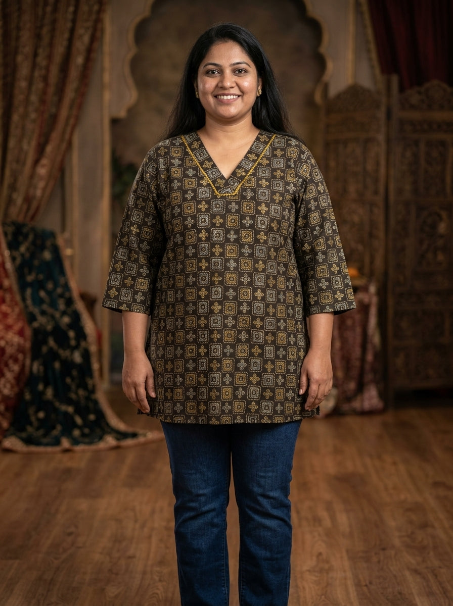 Plus Size Brown Cotton Geometric Block Print Short Kurta-300032