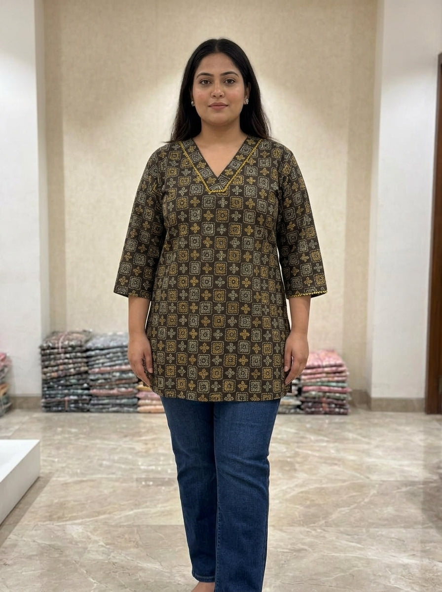 Plus Size Brown Cotton Geometric Block Print Short Kurta-300032