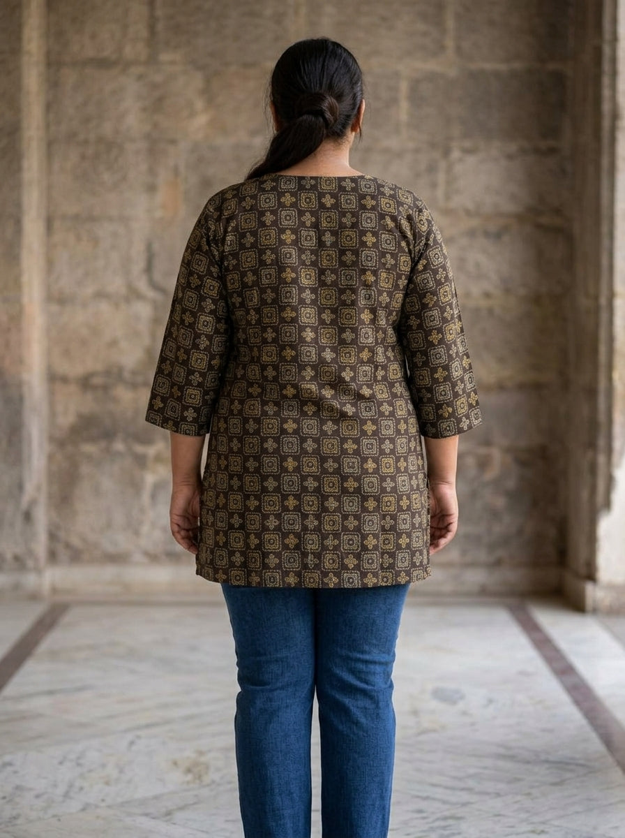 Plus Size Brown Cotton Geometric Block Print Short Kurta-300032