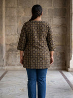 Plus Size Brown Cotton Geometric Block Print Short Kurta-300032