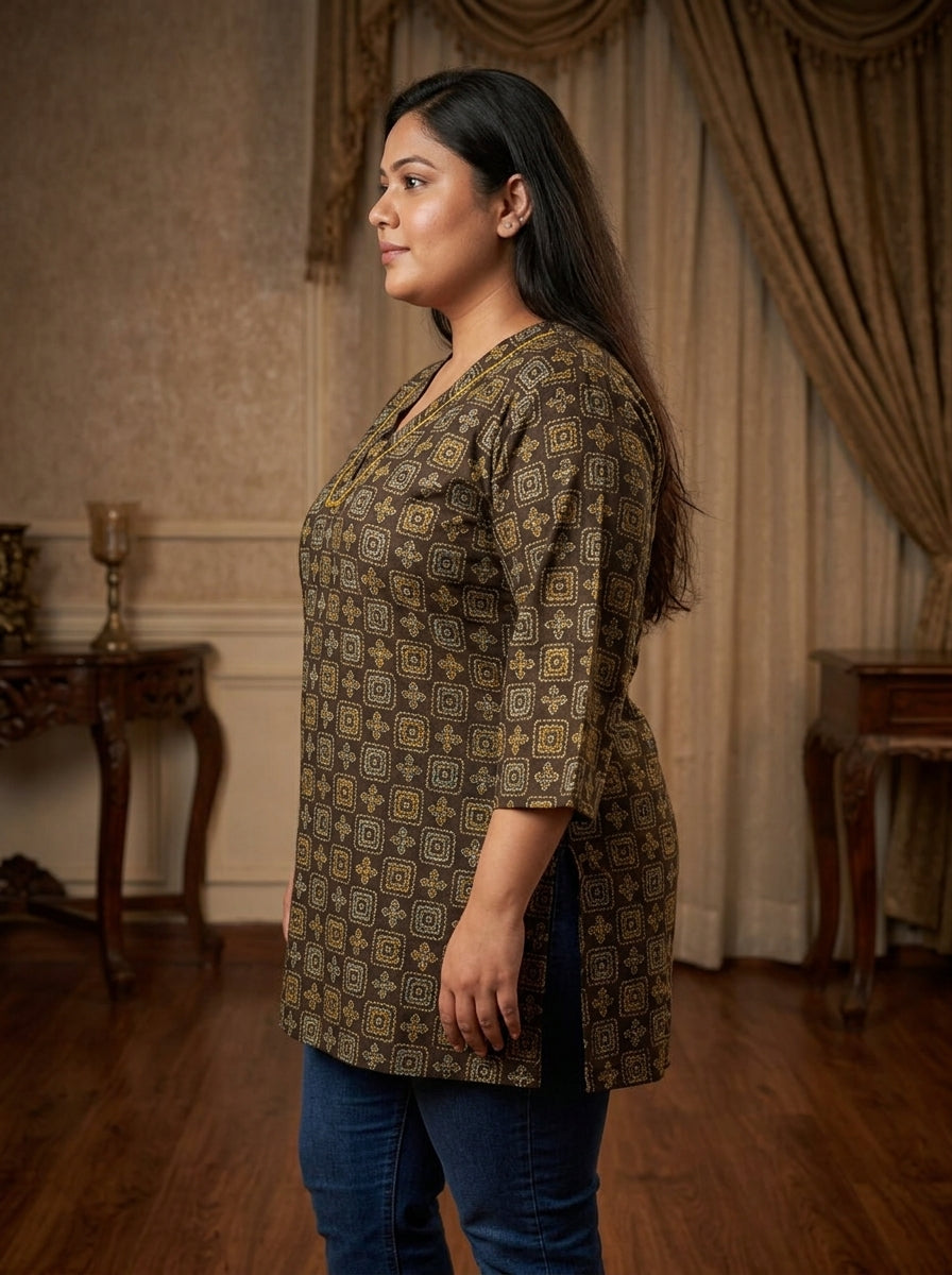 Plus Size Brown Cotton Geometric Block Print Short Kurta-300032
