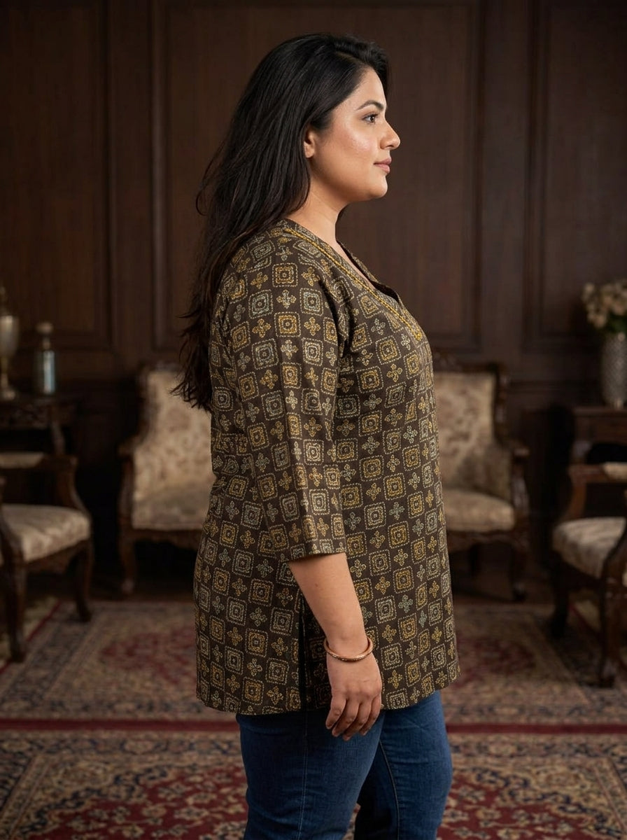 Plus Size Brown Cotton Geometric Block Print Short Kurta-300032