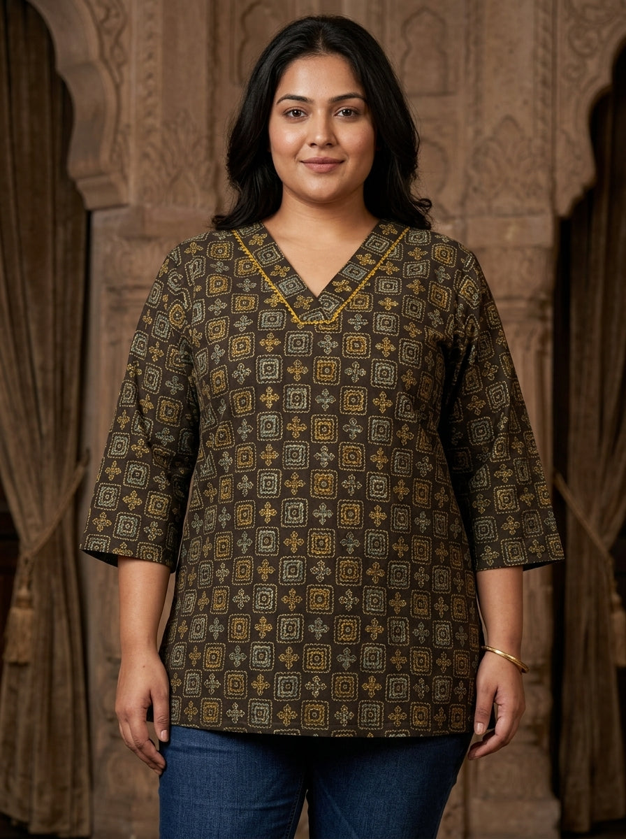 Plus Size Brown Cotton Geometric Block Print Short Kurta-300032