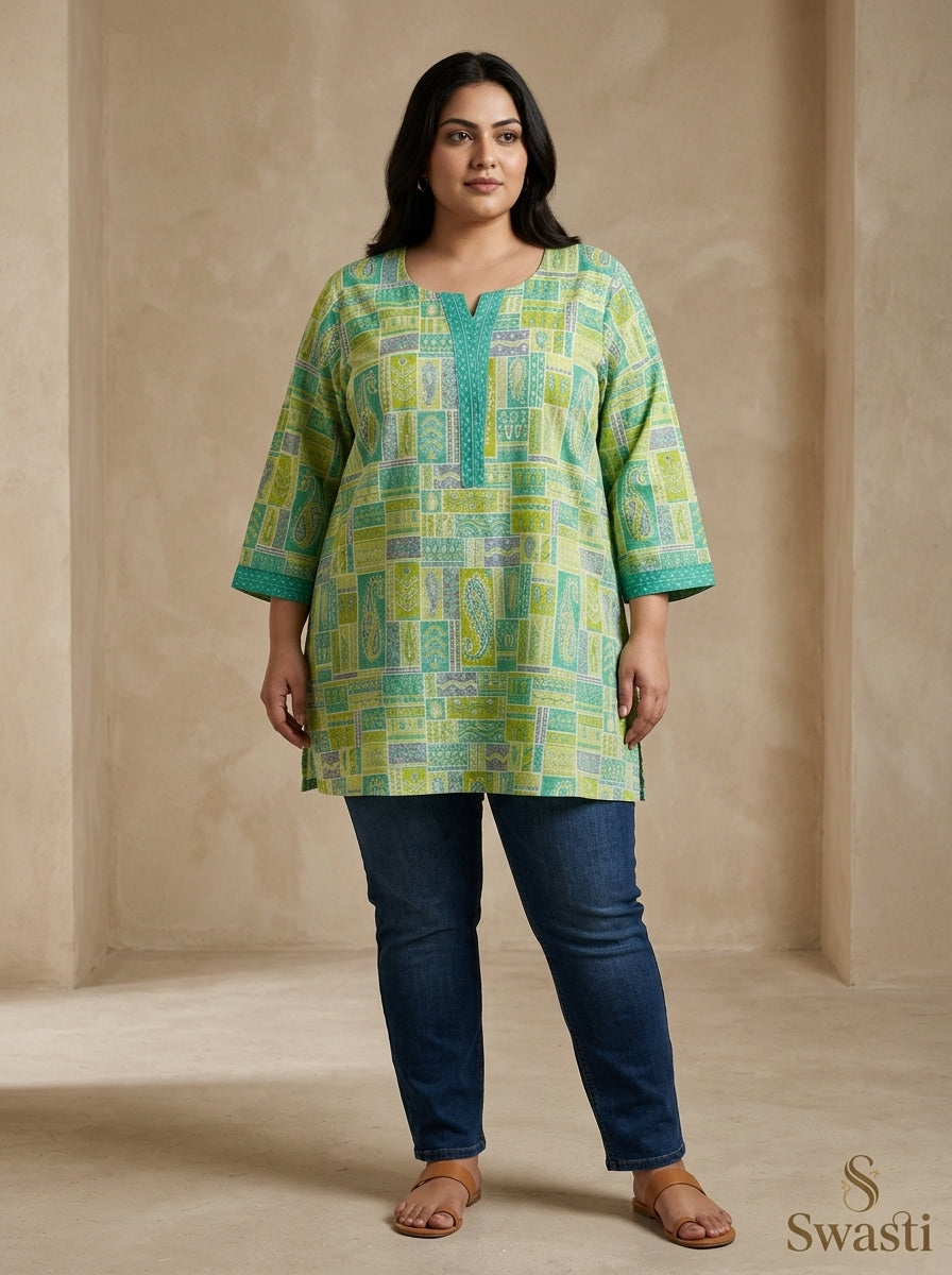 Plus Size Green Cotton Floral Print Short Kurta-300033