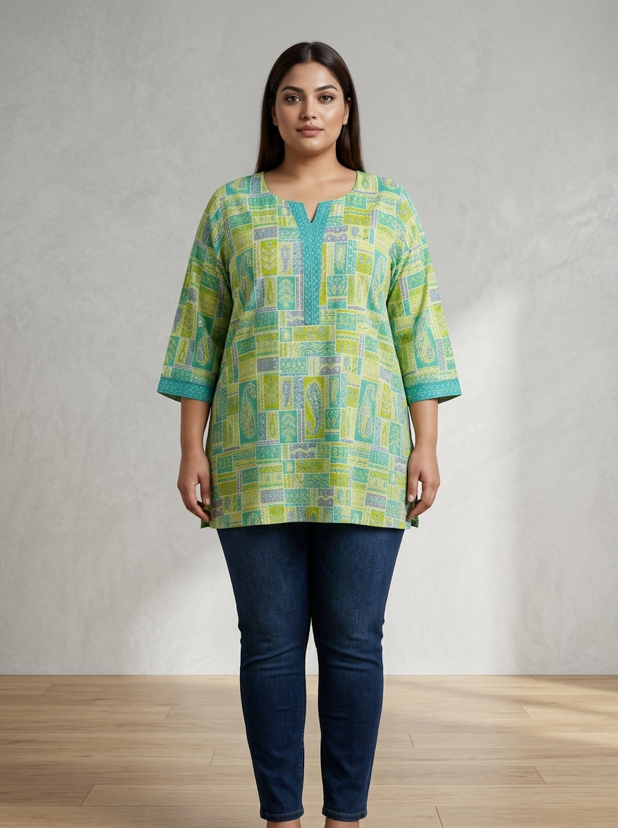 Plus Size Green Cotton Floral Print Short Kurta-300033 Secondary image