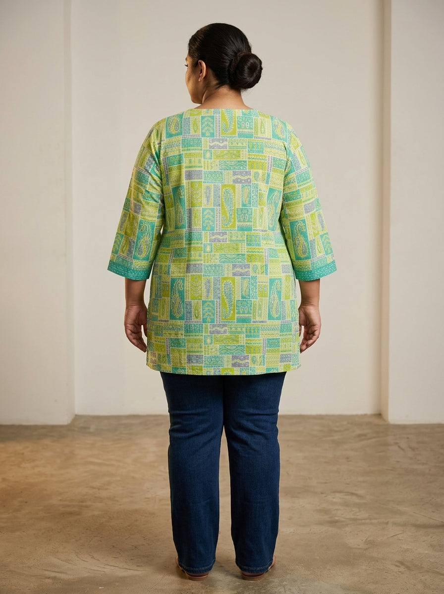 Plus Size Green Cotton Floral Print Short Kurta-300033