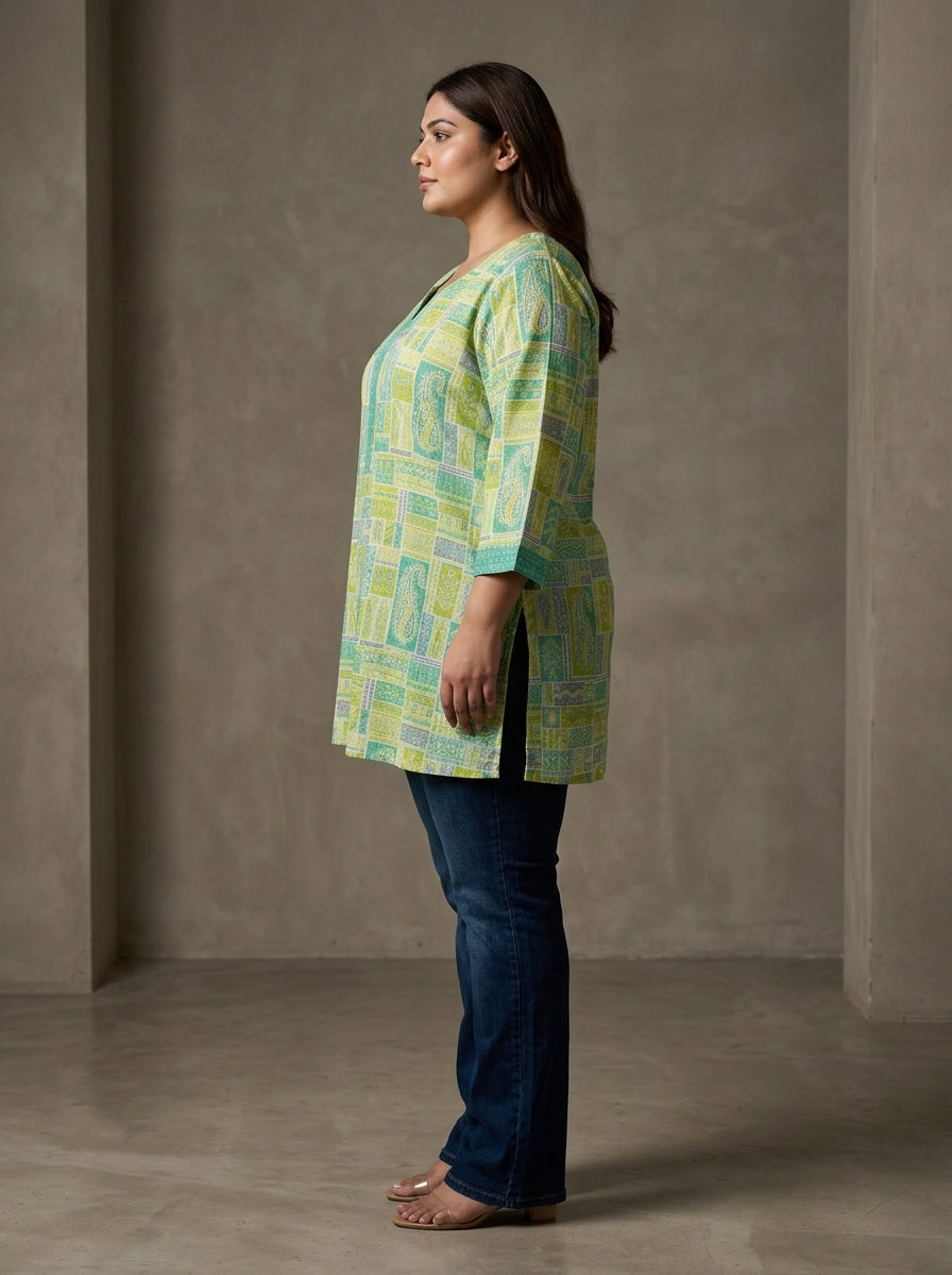 Plus Size Green Cotton Floral Print Short Kurta-300033