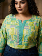 Plus Size Green Cotton Floral Print Short Kurta-300033