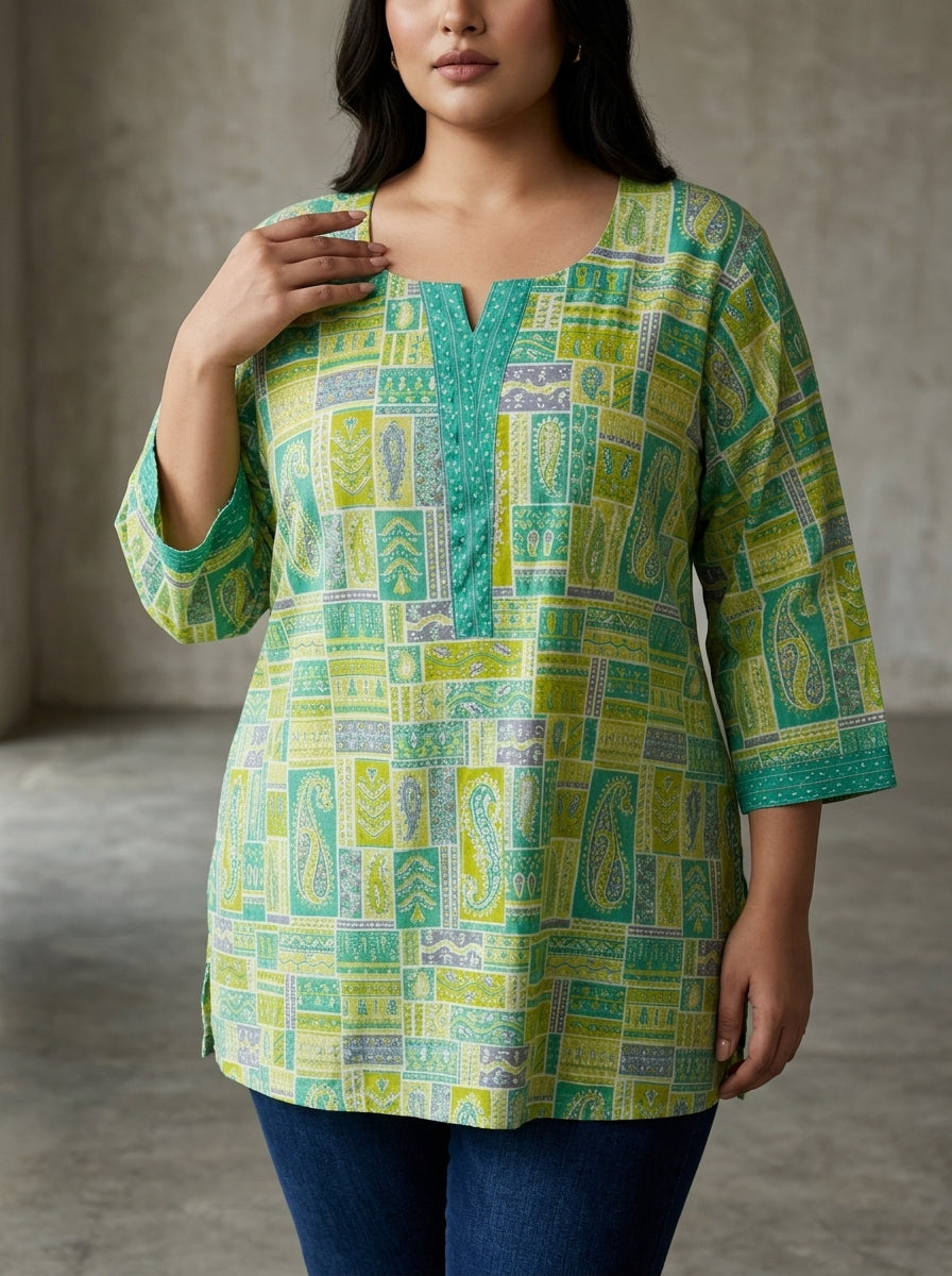 Plus Size Green Cotton Floral Print Short Kurta-300033