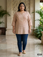 Beige Cotton Floral Print Short Kurta Plus Size-300034