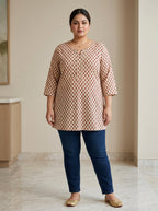 Beige Cotton Floral Print Short Kurta Plus Size-300034