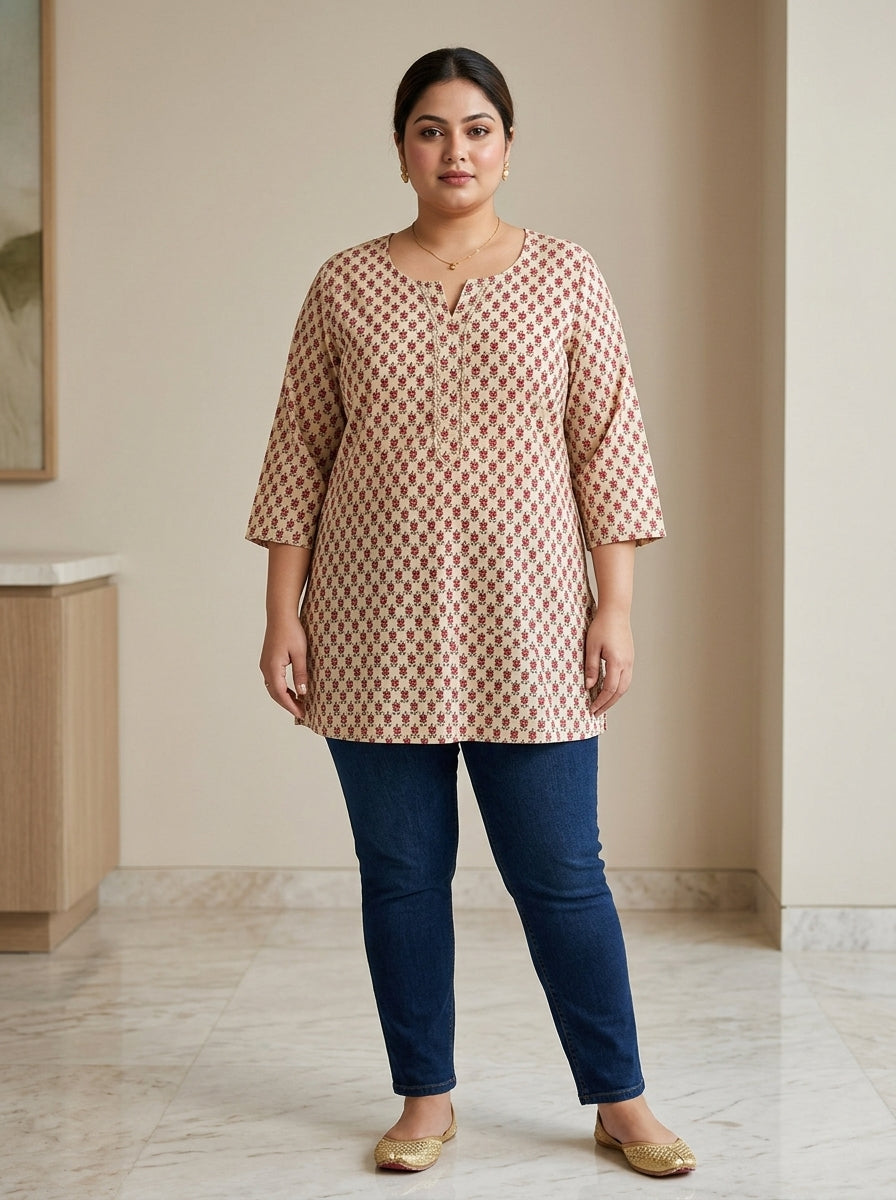 Beige Cotton Floral Print Short Kurta Plus Size-300034