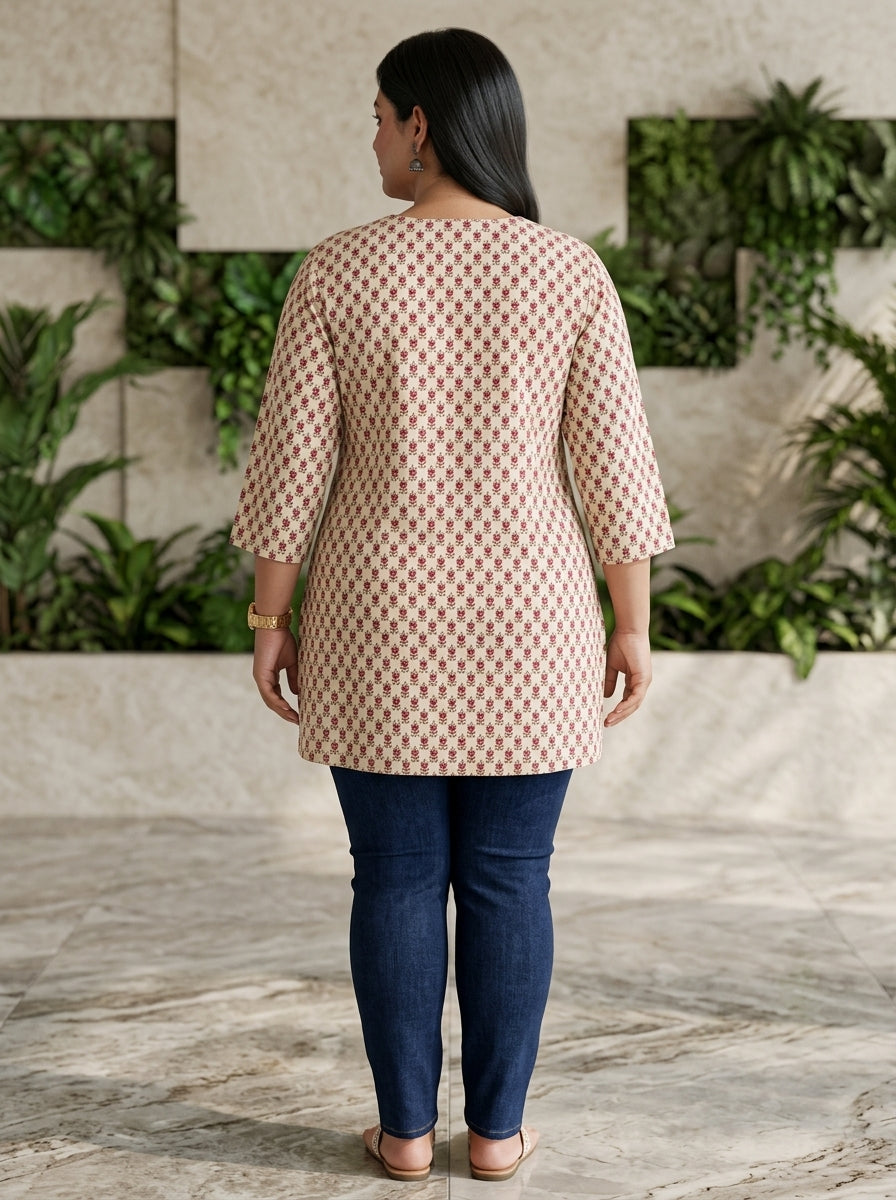 Beige Cotton Floral Print Short Kurta Plus Size-300034