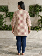 Beige Cotton Floral Print Short Kurta Plus Size-300034