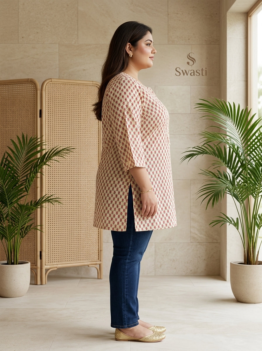 Beige Cotton Floral Print Short Kurta Plus Size-300034