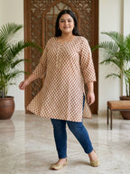 Beige Cotton Floral Print Short Kurta Plus Size-300034