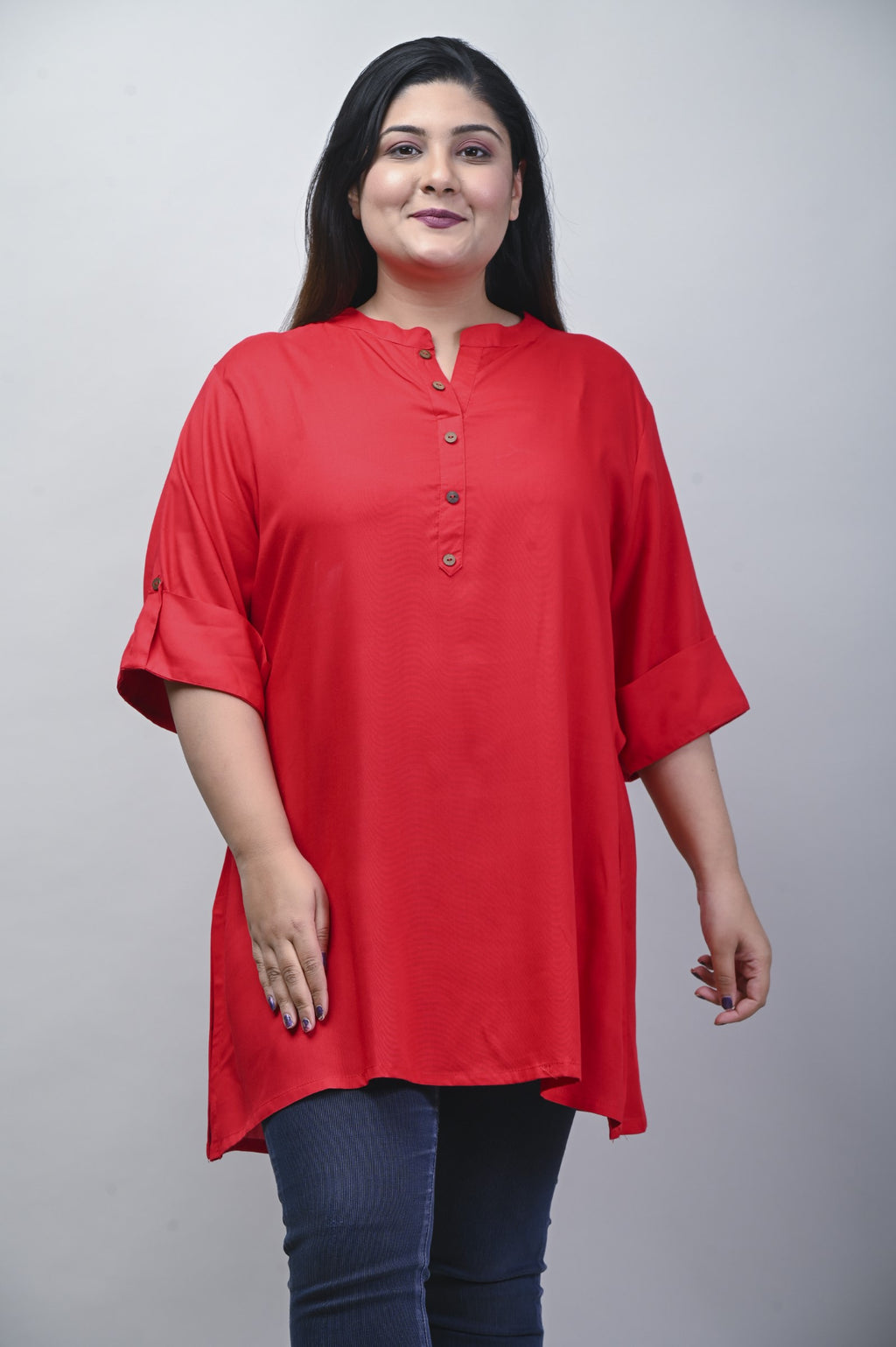 Plus Size Red Cotton Blend Solid  Short Kurta-562