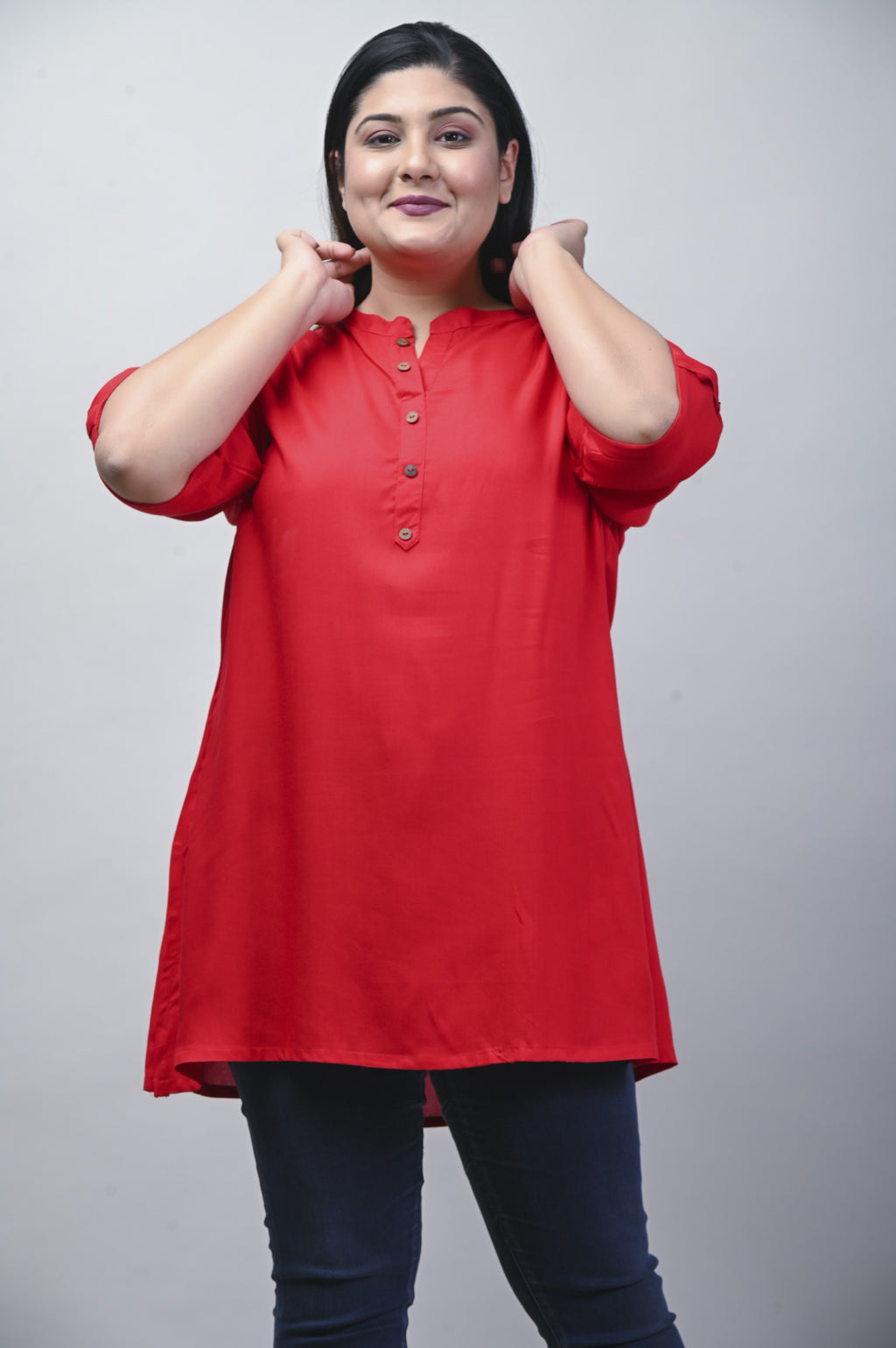 Plus Size Red Cotton Blend Solid  Short Kurta-562