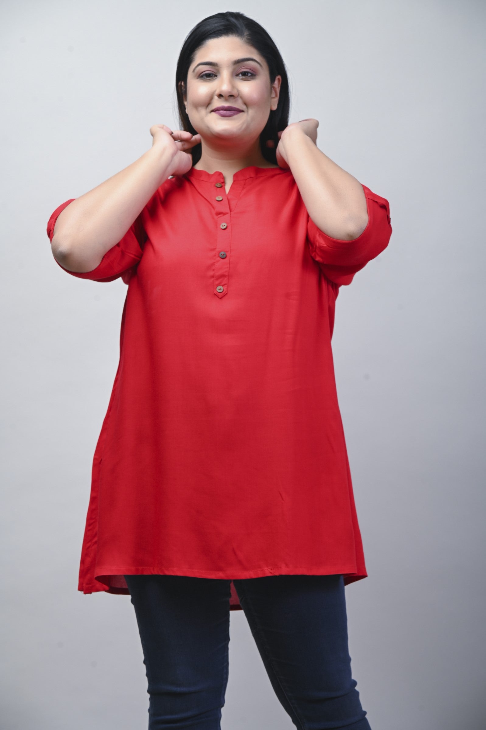 Plus Size Red Cotton Blend Solid  Short Kurta-562