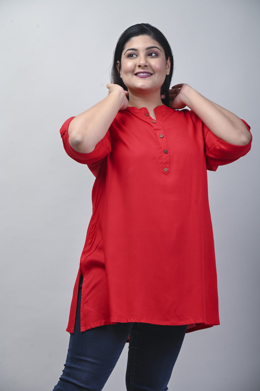 Plus Size Red Cotton Blend Solid  Short Kurta-562