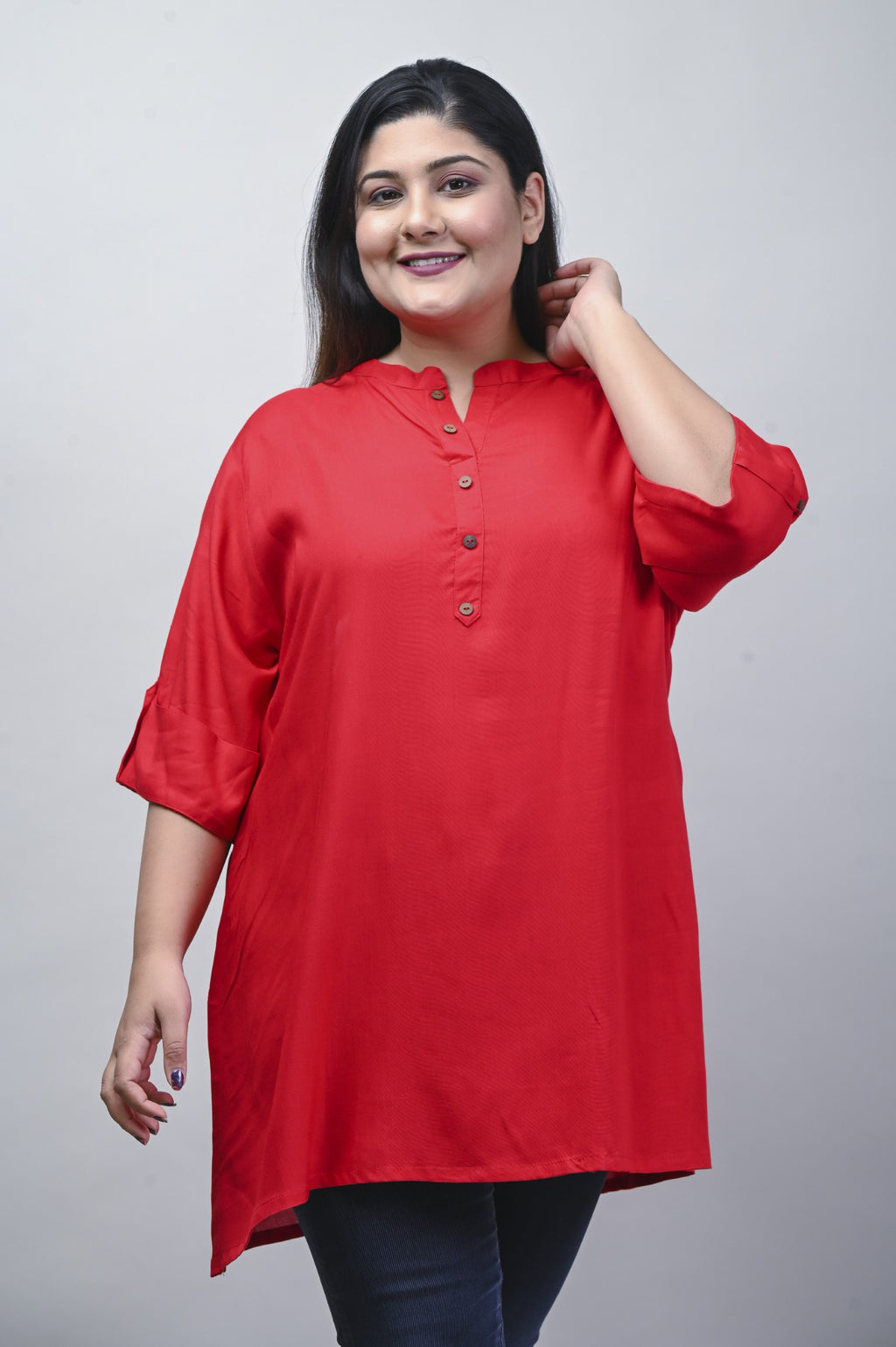 Plus Size Red Cotton Blend Solid  Short Kurta-562