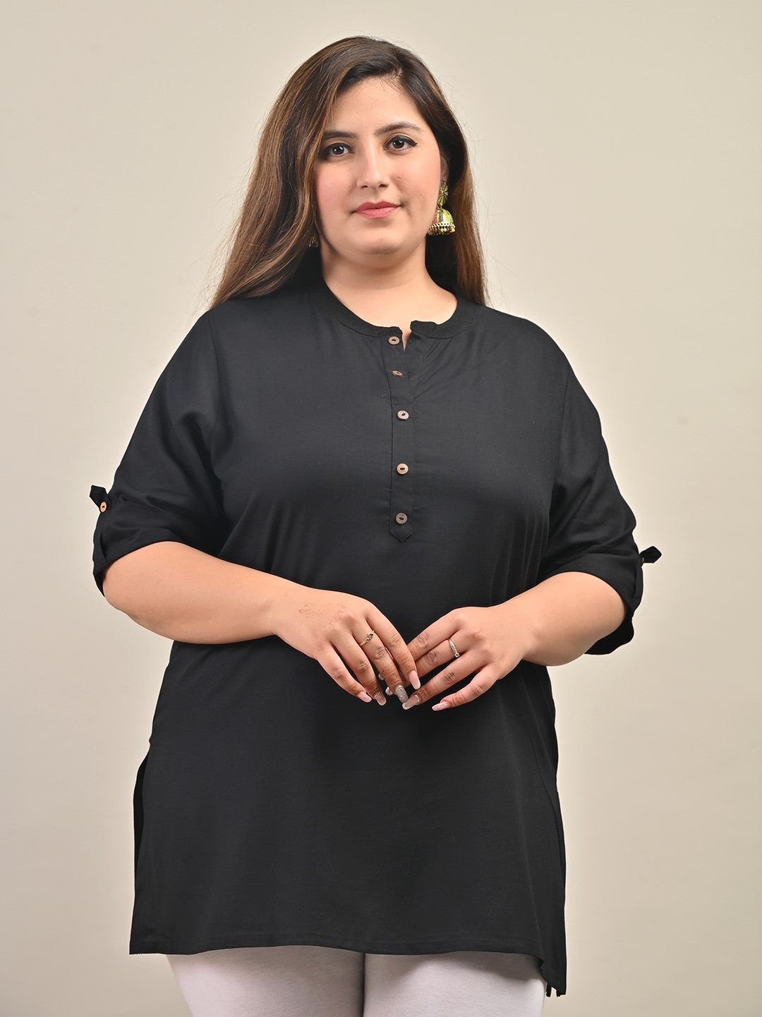 Plus Size Black Cotton Blend Solid  Short Kurta-562 Main image