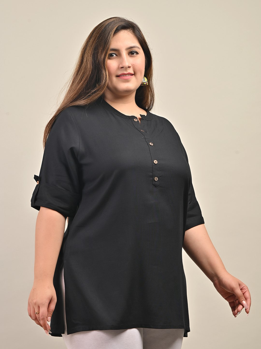 Plus Size Black Cotton Blend Solid  Short Kurta-562 Secondary image