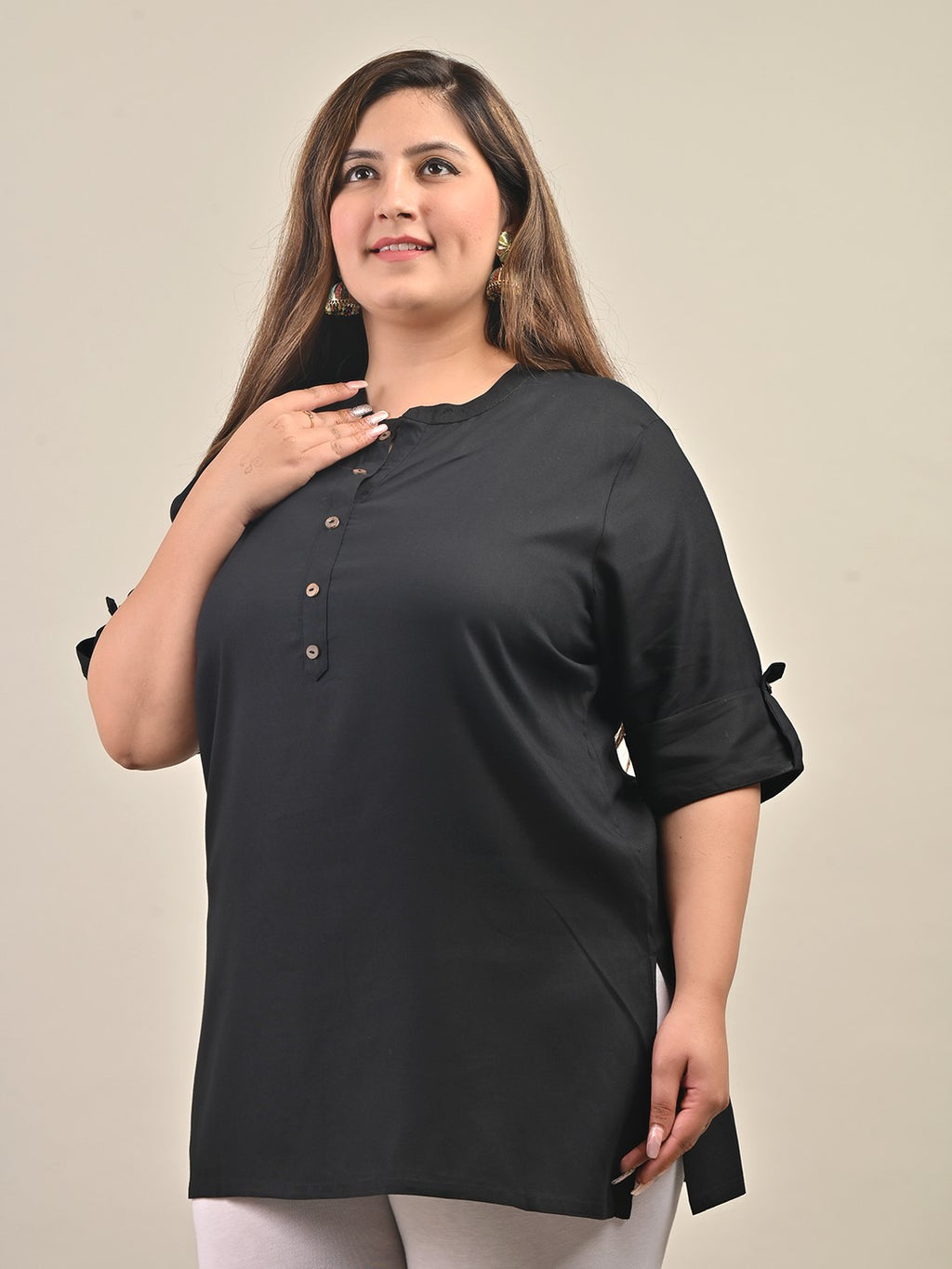 Plus Size Black Cotton Blend Solid  Short Kurta-562