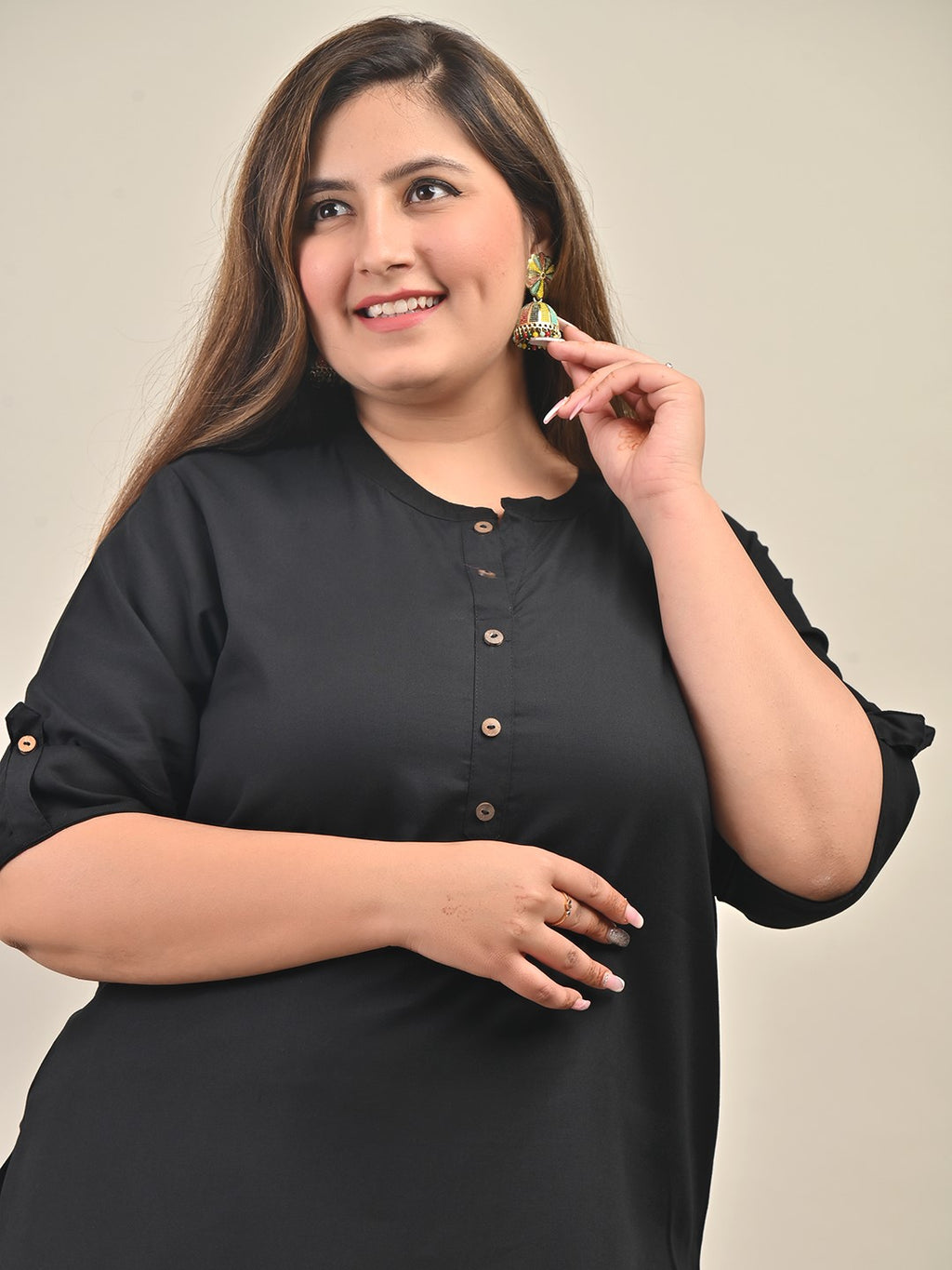 Plus Size Black Cotton Blend Solid  Short Kurta-562