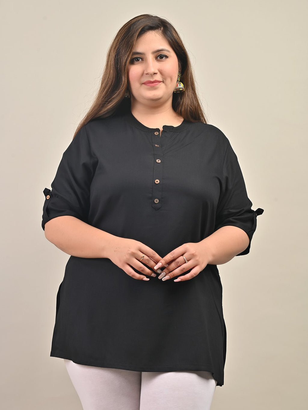 Plus Size Black Cotton Blend Solid  Short Kurta-562
