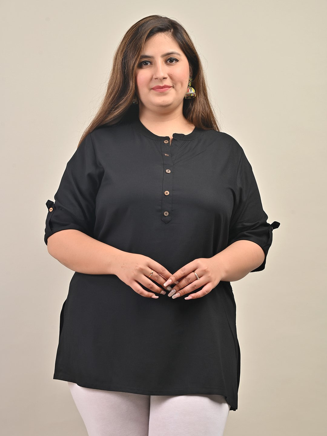 Plus Size Black Cotton Blend Solid  Short Kurta-562