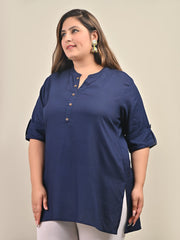 Plus Size Navy Blue Cotton Blend Solid  Short Kurta-562