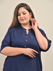 Plus Size Navy Blue Cotton Blend Solid  Short Kurta-562