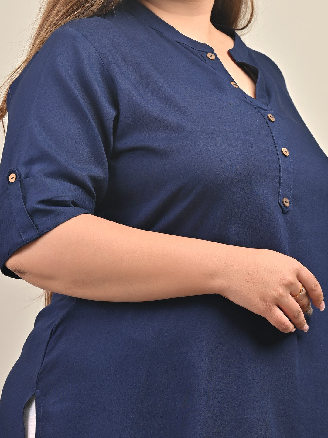 Plus Size Navy Blue Cotton Blend Solid  Short Kurta-562