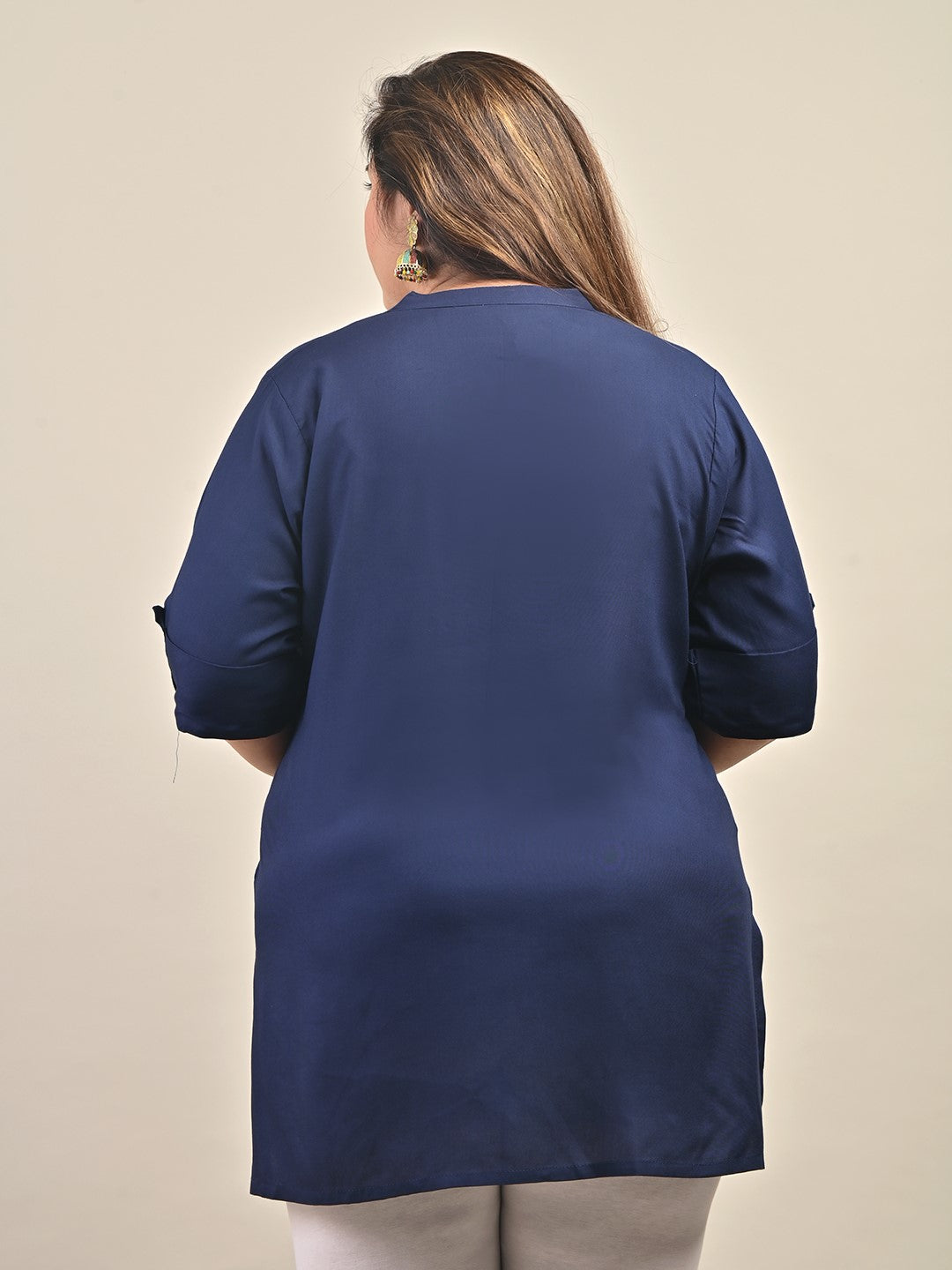 Plus Size Navy Blue Cotton Blend Solid  Short Kurta-562