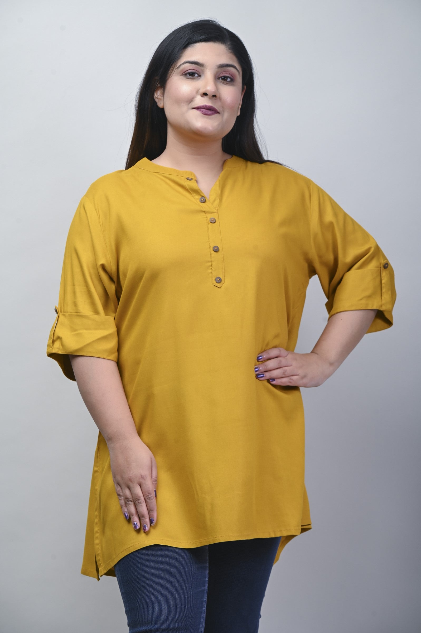 Plus Size Mustard Cotton Blend Solid  Short Kurta-562