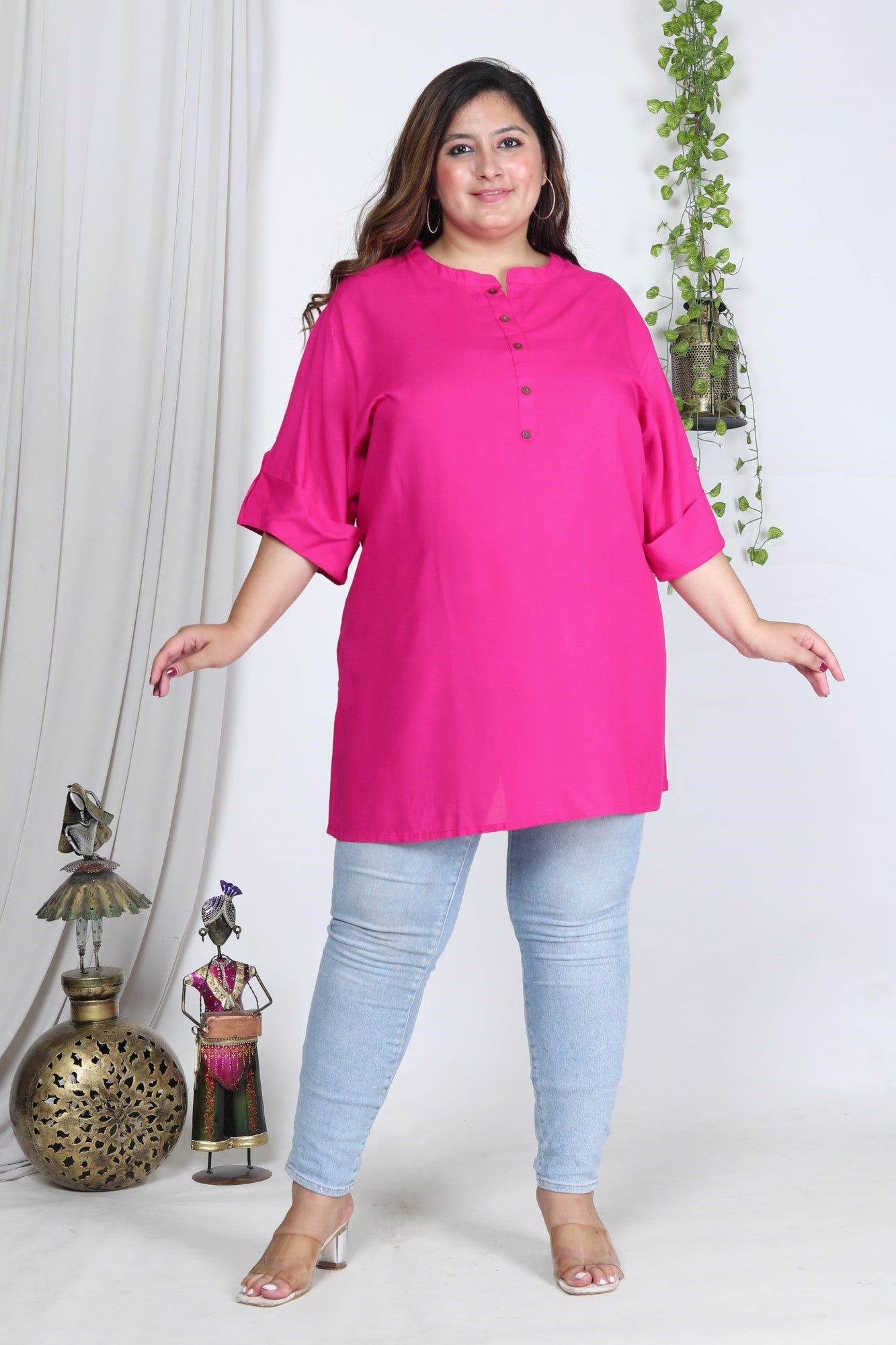 Plus Size Pink Cotton Blend Solid  Short Kurta-562 Main image