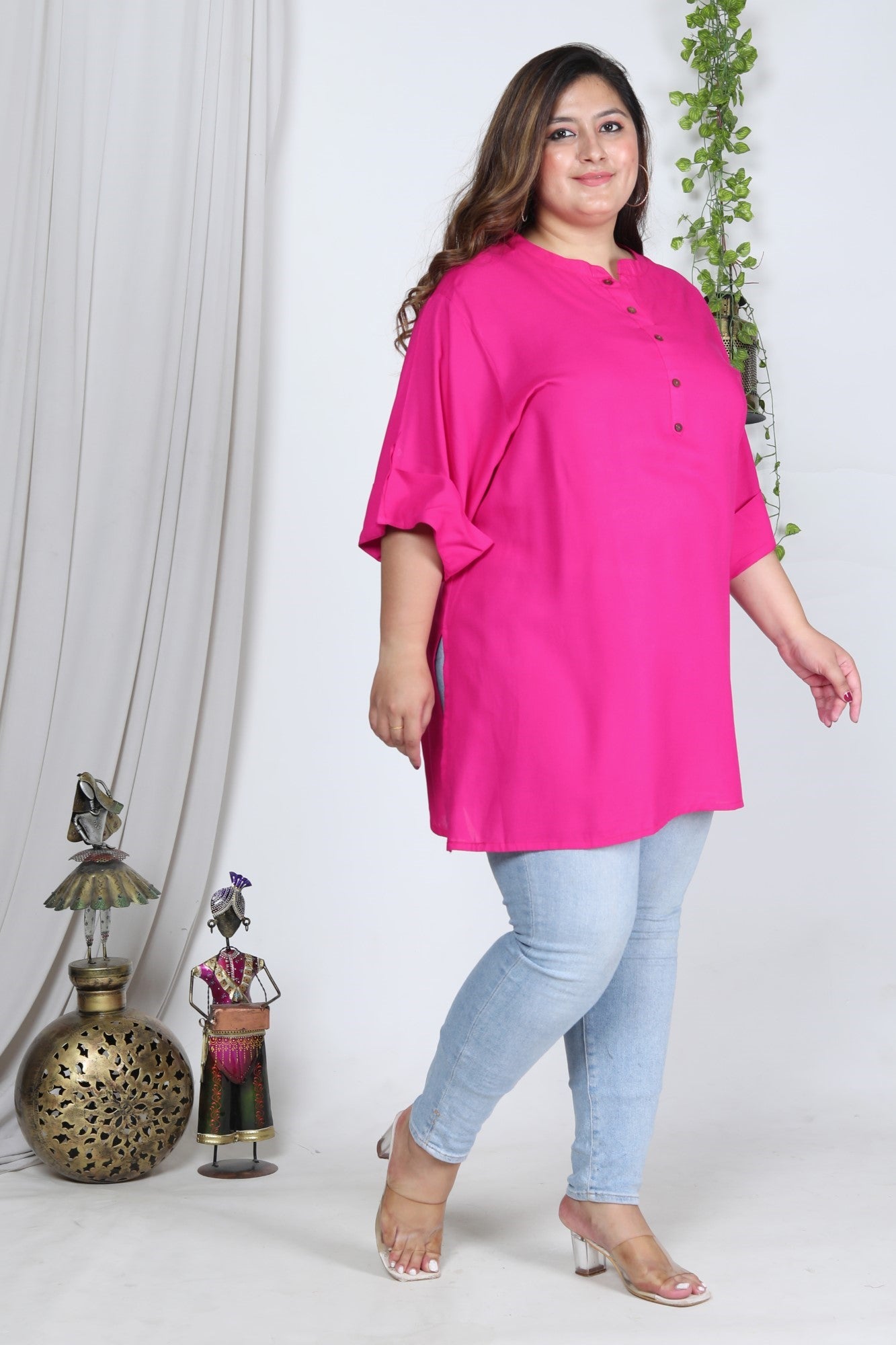 Plus Size Pink Cotton Blend Solid  Short Kurta-562 Secondary image