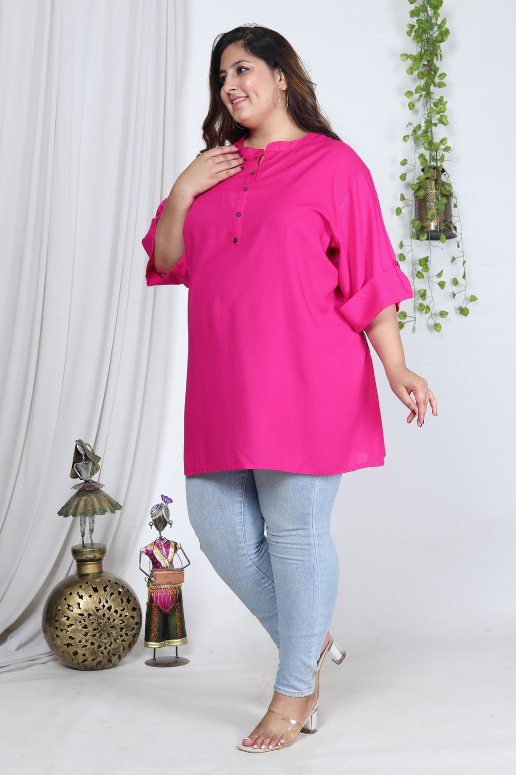 Plus Size Pink Cotton Blend Solid  Short Kurta-562