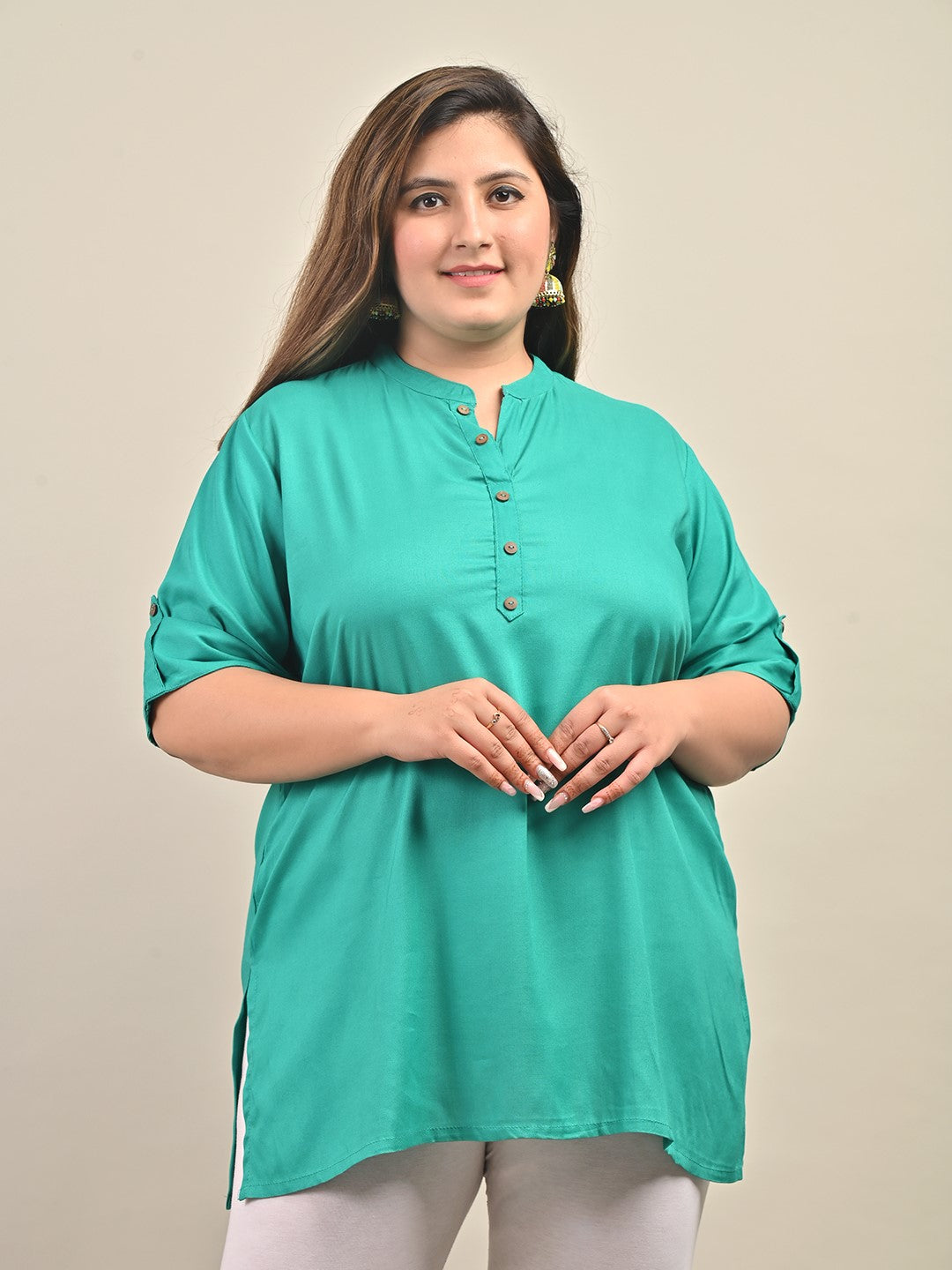 Plus Size Turquoise Cotton Blend Solid Short Kurta-562 Main image