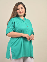 Plus Size Turquoise Cotton Blend Solid Short Kurta-562