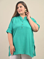 Plus Size Turquoise Cotton Blend Solid Short Kurta-562