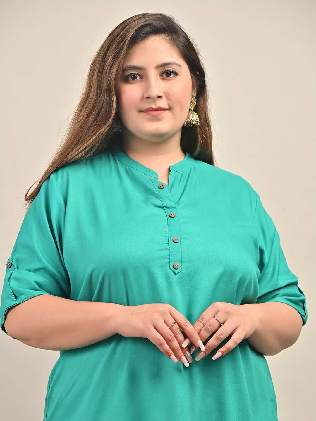 Plus Size Turquoise Cotton Blend Solid Short Kurta-562