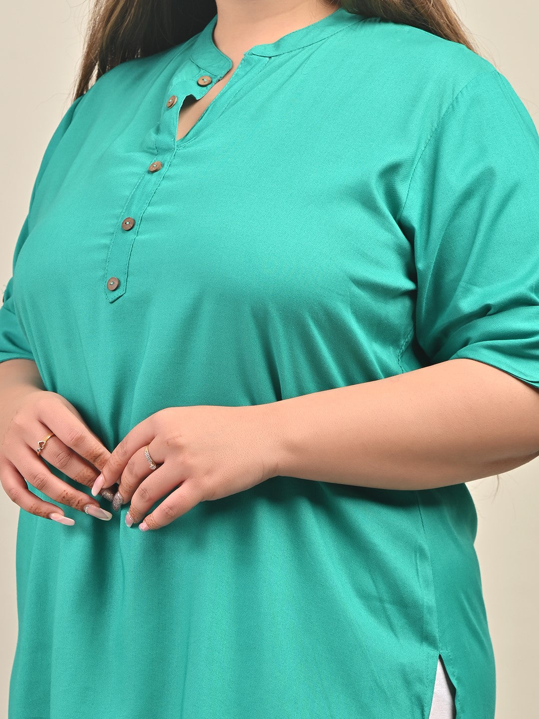 Plus Size Turquoise Cotton Blend Solid Short Kurta-562