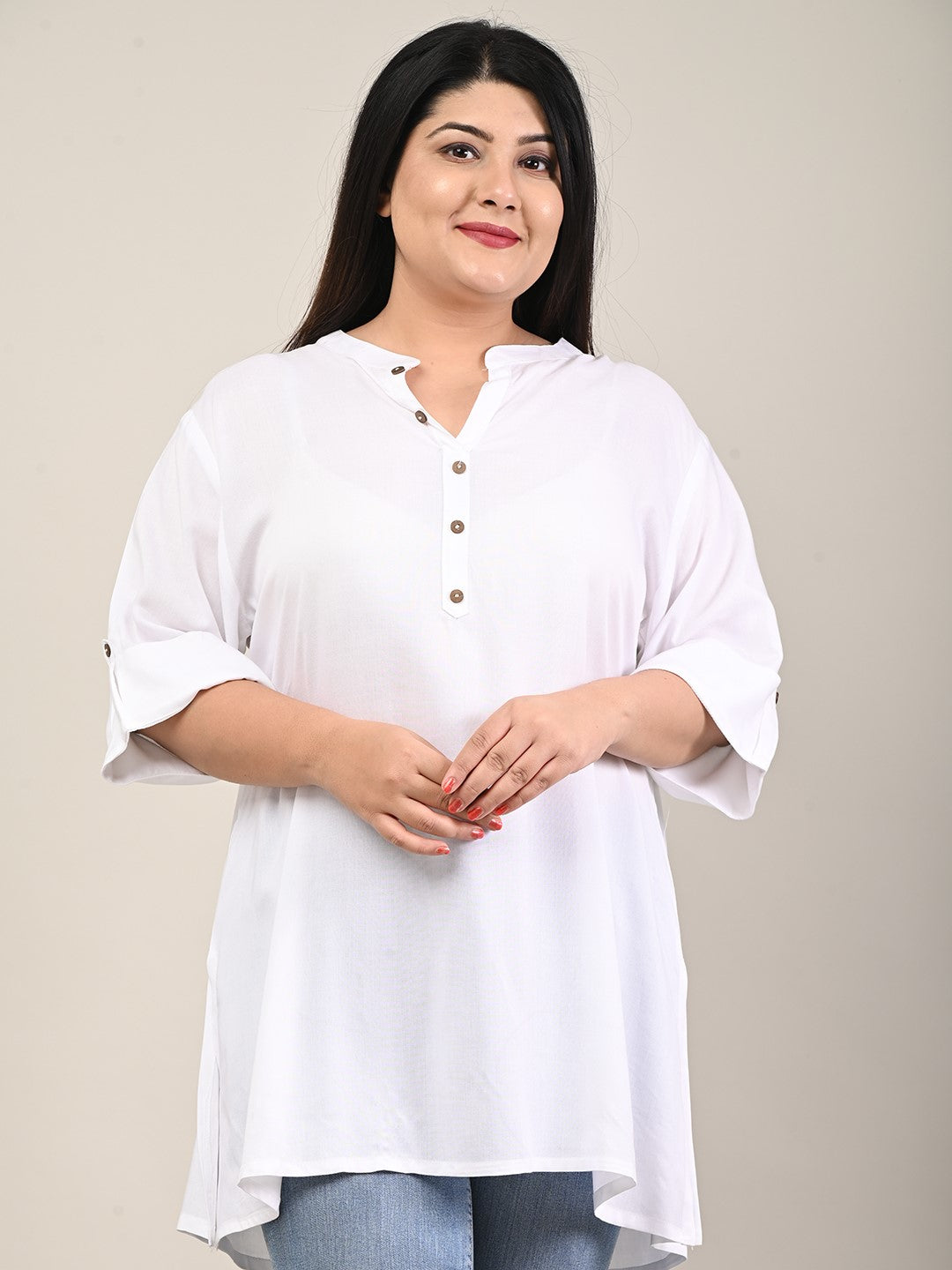White Cotton Blend Solid Print Short Kurta-300607