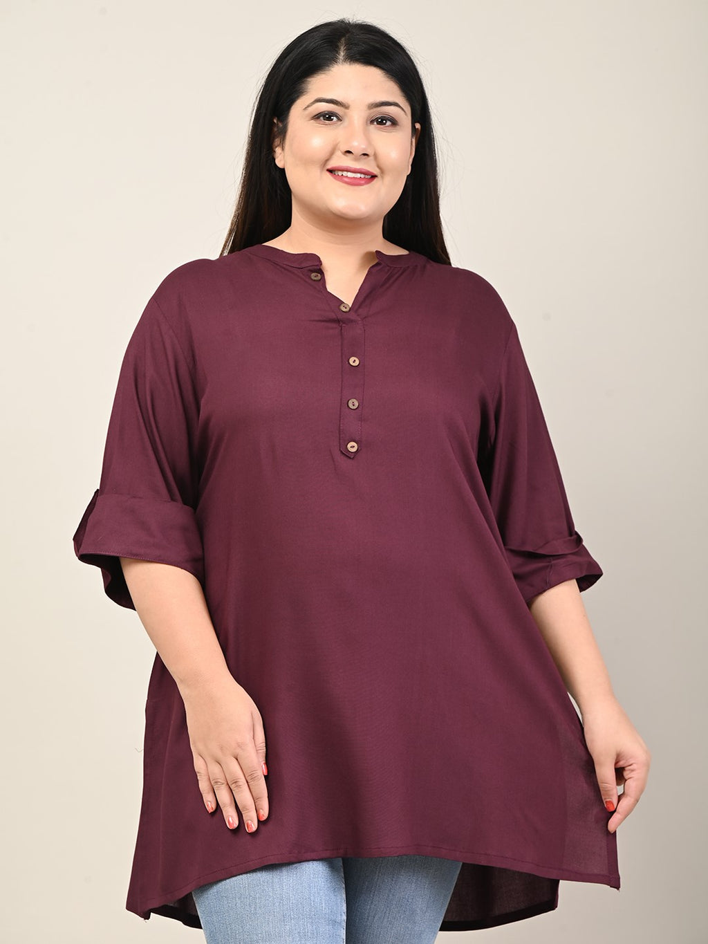 Plus Size Purple Cotton Blend Solid Short Kurta-608
