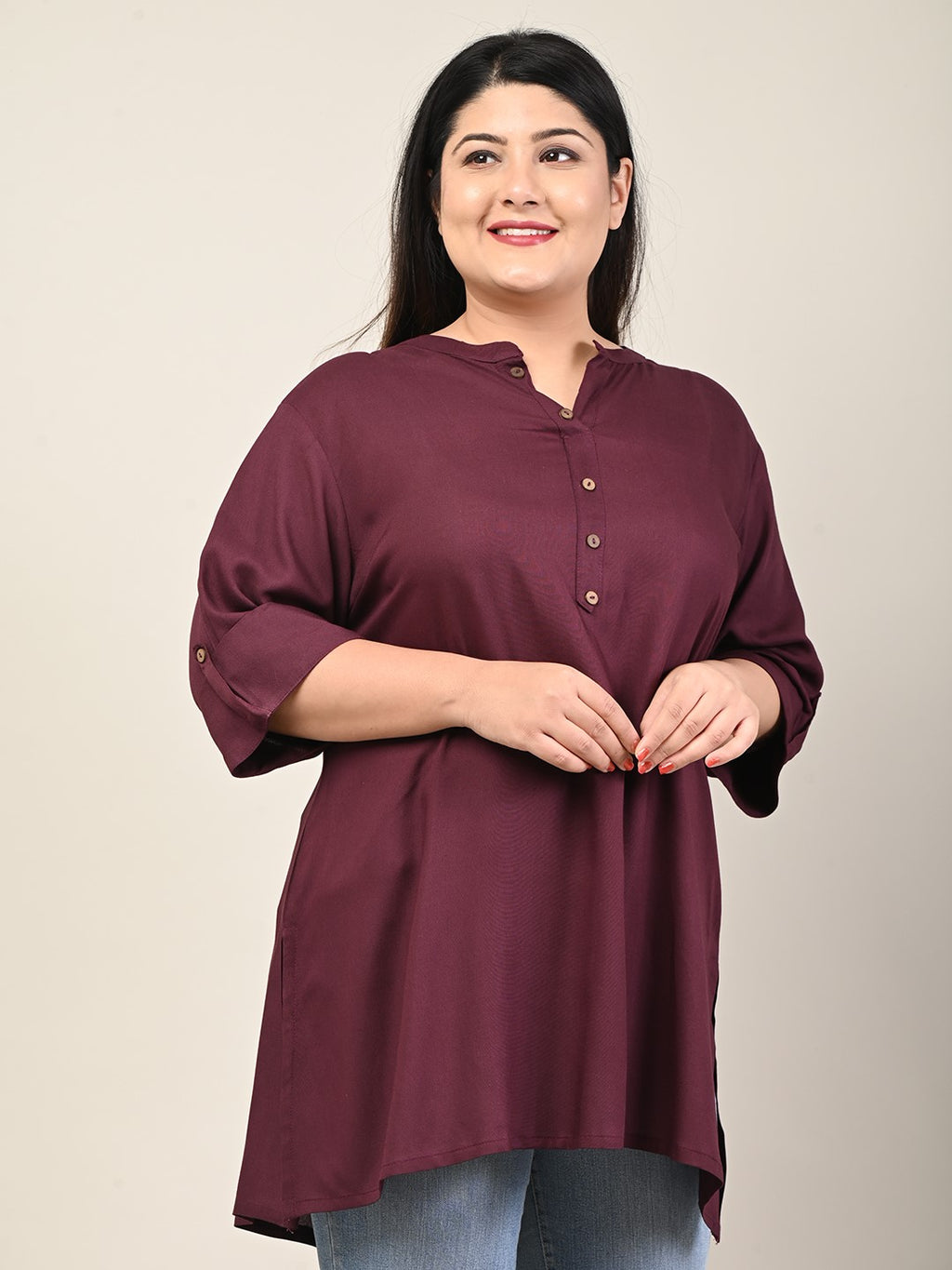 Plus Size Purple Cotton Blend Solid Short Kurta-608