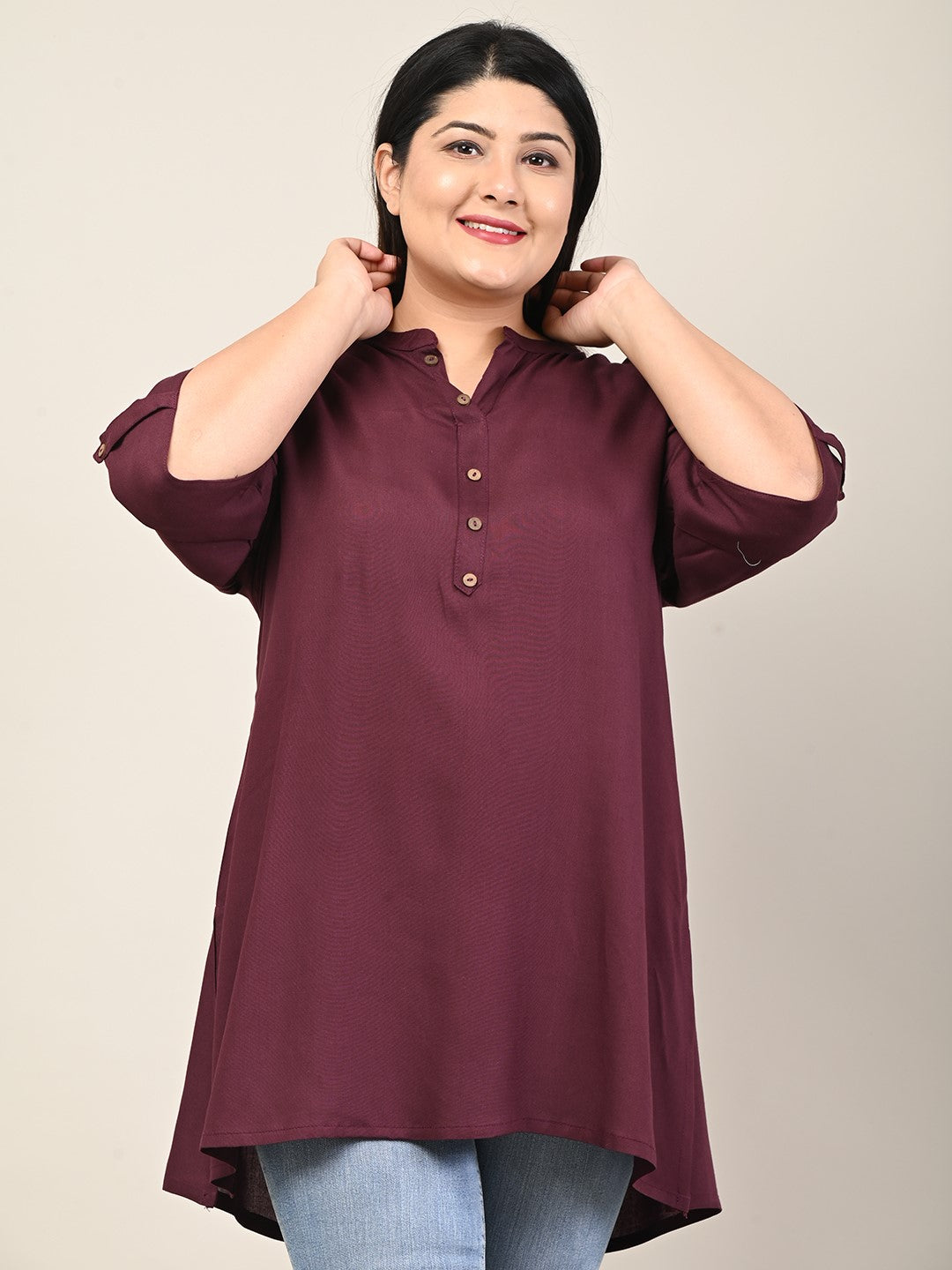 Plus Size Purple Cotton Blend Solid Short Kurta-608