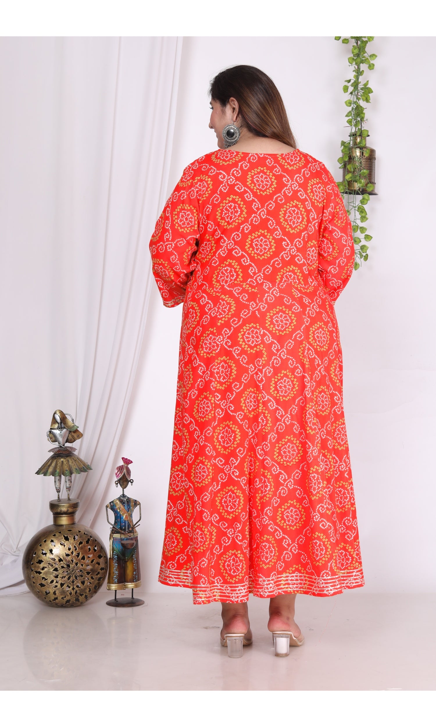 Plus Size Orange bandhani Print Flared Long Kurta-400003