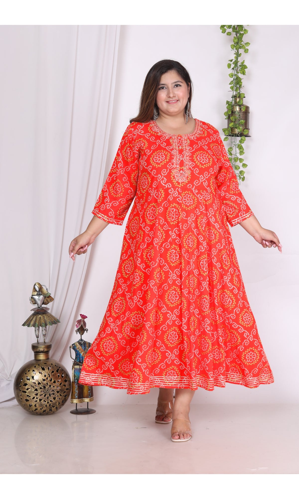 Plus Size Orange bandhani Print Flared Long Kurta-400003